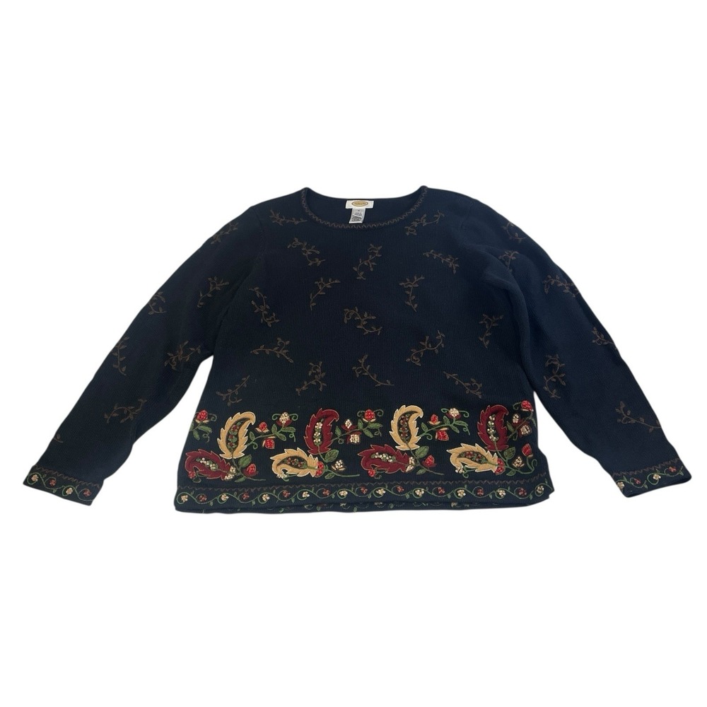 Talbots Embroidered Floral Knit Sweater Womens M Ramie Cotton Cottage
